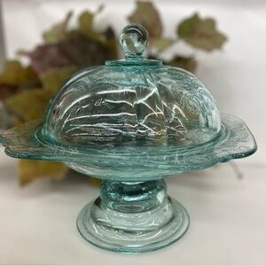 Vintage Federal Madrid Butter Dish Blue Teal Glass Pedestal Cheese Stand Covered
